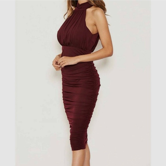 Armani Exchange Plum Burgundy Ruched Halter Midi Dress NWT Size 14 - Picture 3 of 13